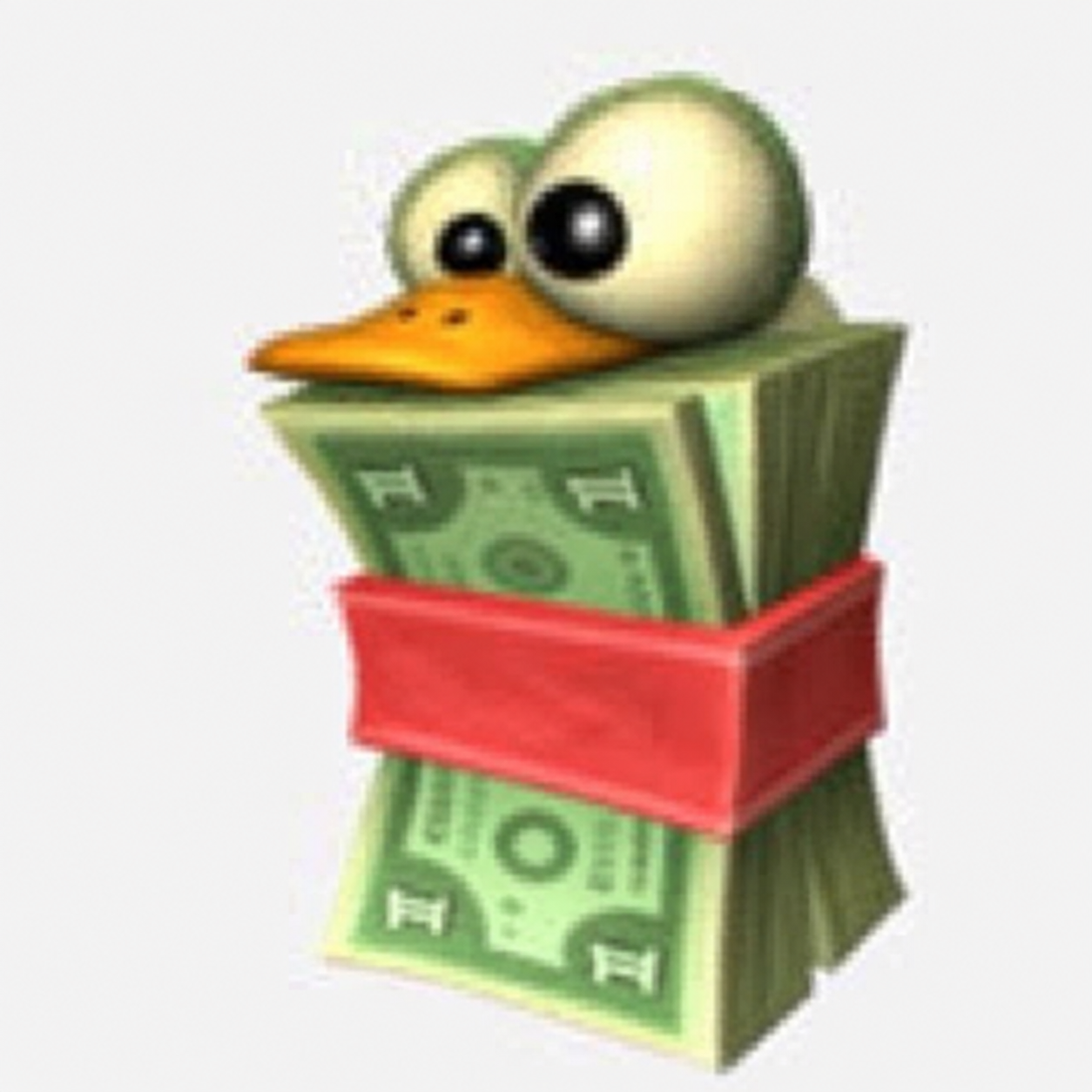 A wide-eyed duck made from a stack of green banknotes wrapped in a red band